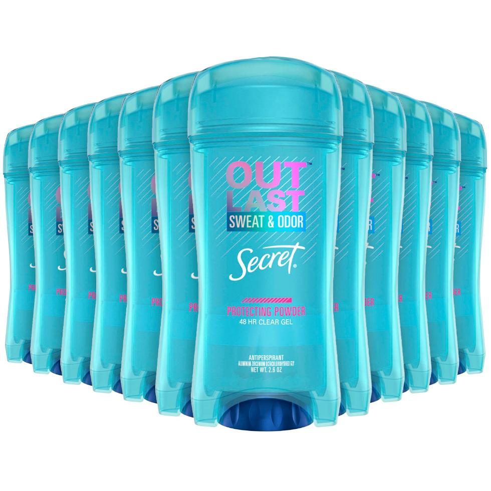 A pack of 12 Secret Gel Outlast Protecting Powder Antiperspirant & Deodorant bottles, each containing 2.6 oz.